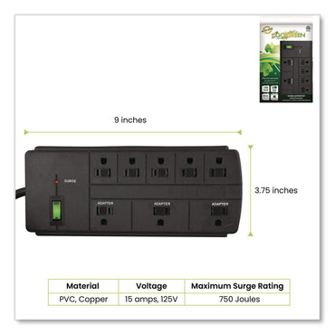 GoGreen Power 8 Outlet Surge Protector, 6 ft Cord, 750 J, Black (GGPGG18316BK)