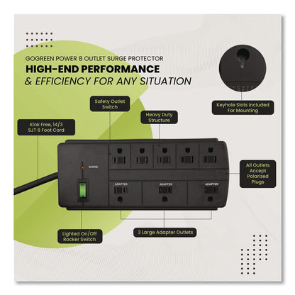 GoGreen Power 8 Outlet Surge Protector, 6 ft Cord, 750 J, Black (GGPGG18316BK)