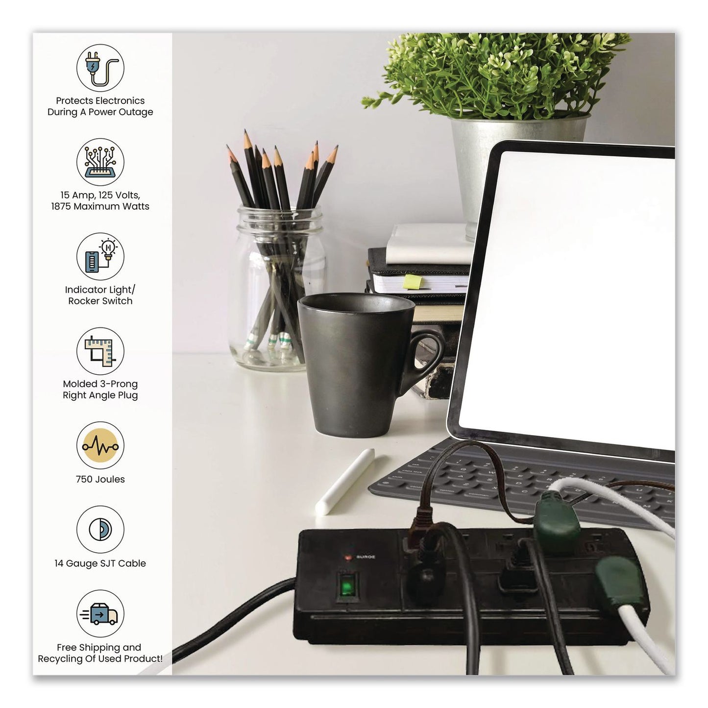GoGreen Power 8 Outlet Surge Protector, 6 ft Cord, 750 J, Black (GGPGG18316BK)