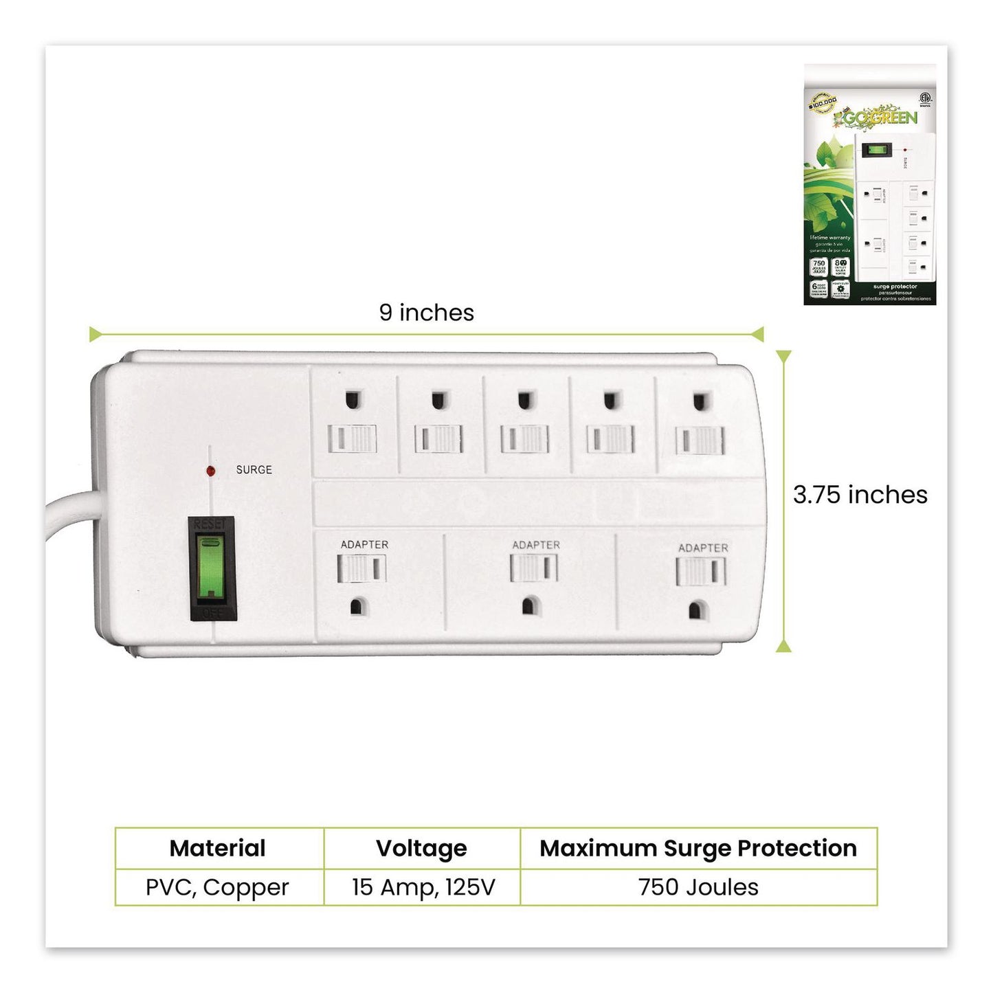 GoGreen Power 8 Outlet Surge Protector, 6 ft Cord, 750 J, White (GGPGG18316WH)