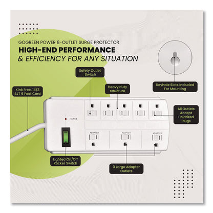 GoGreen Power 8 Outlet Surge Protector, 6 ft Cord, 750 J, White (GGPGG18316WH)