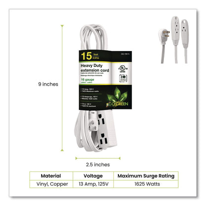 GoGreen Power 3 Outlet Indoor Extension Cord, 15 ft, 13 A, White (GGPGG19615)