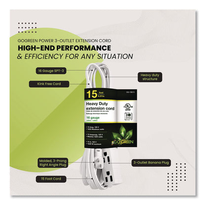 GoGreen Power 3 Outlet Indoor Extension Cord, 15 ft, 13 A, White (GGPGG19615)