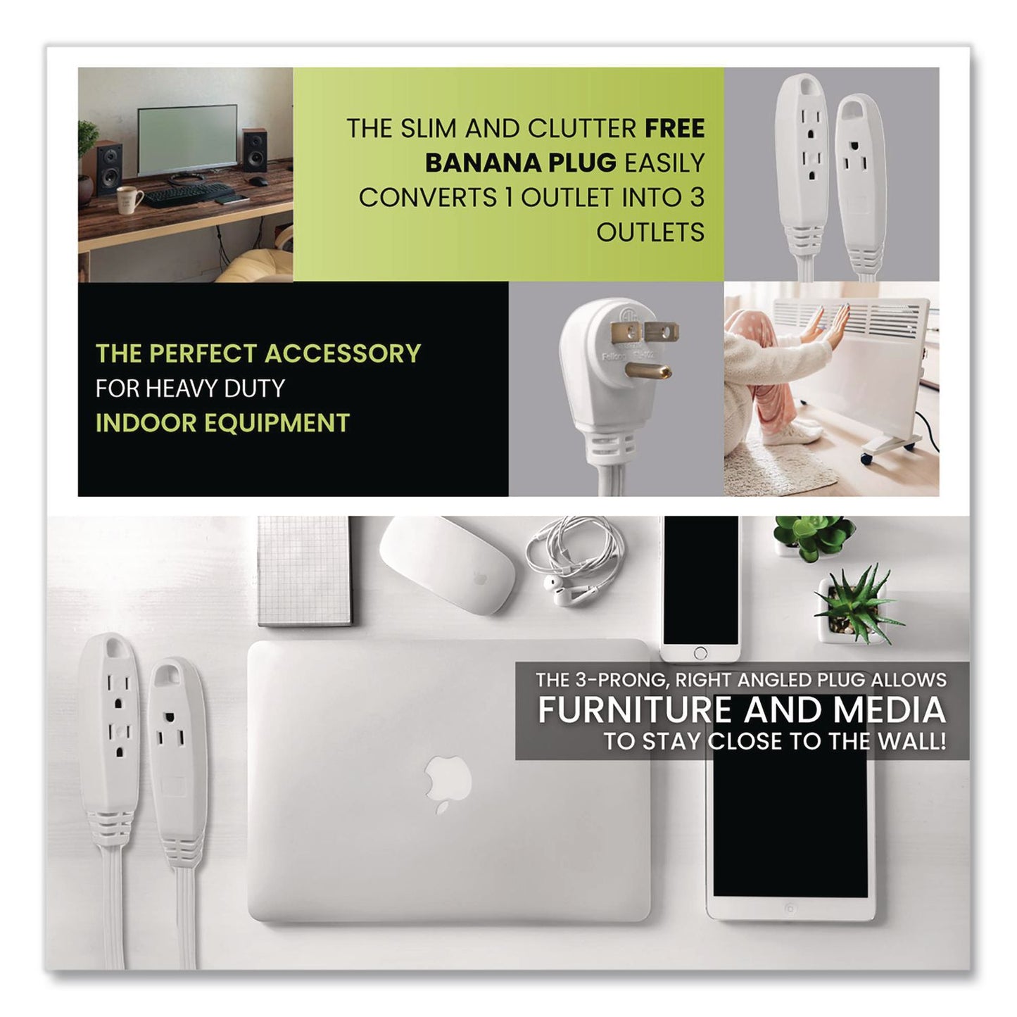 GoGreen Power 3 Outlet Indoor Extension Cord, 15 ft, 13 A, White (GGPGG19615)