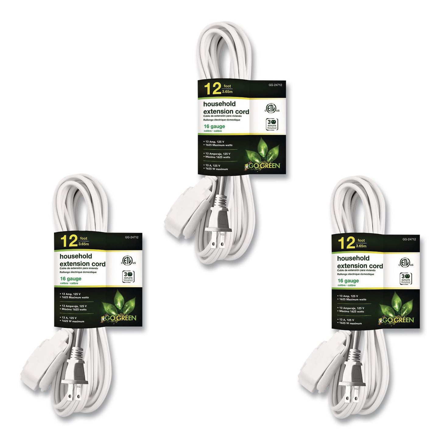 GoGreen Power Household Extension Cord, 12 ft, 13 A, White, 3/Pack (GGPGG247123)