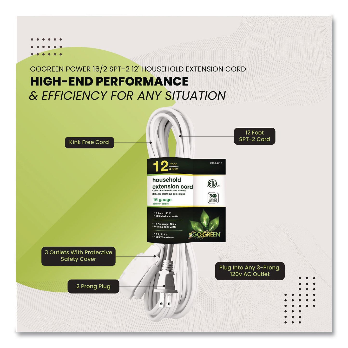 GoGreen Power Household Extension Cord, 12 ft, 13 A, White, 3/Pack (GGPGG247123)