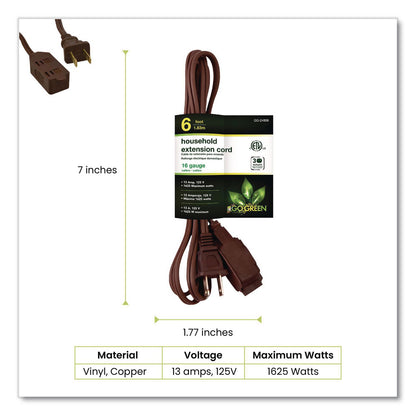 GoGreen Power Household Extension Cord, 6 ft, 13 A, Brown, 10/Pack (GGPGG2480610)