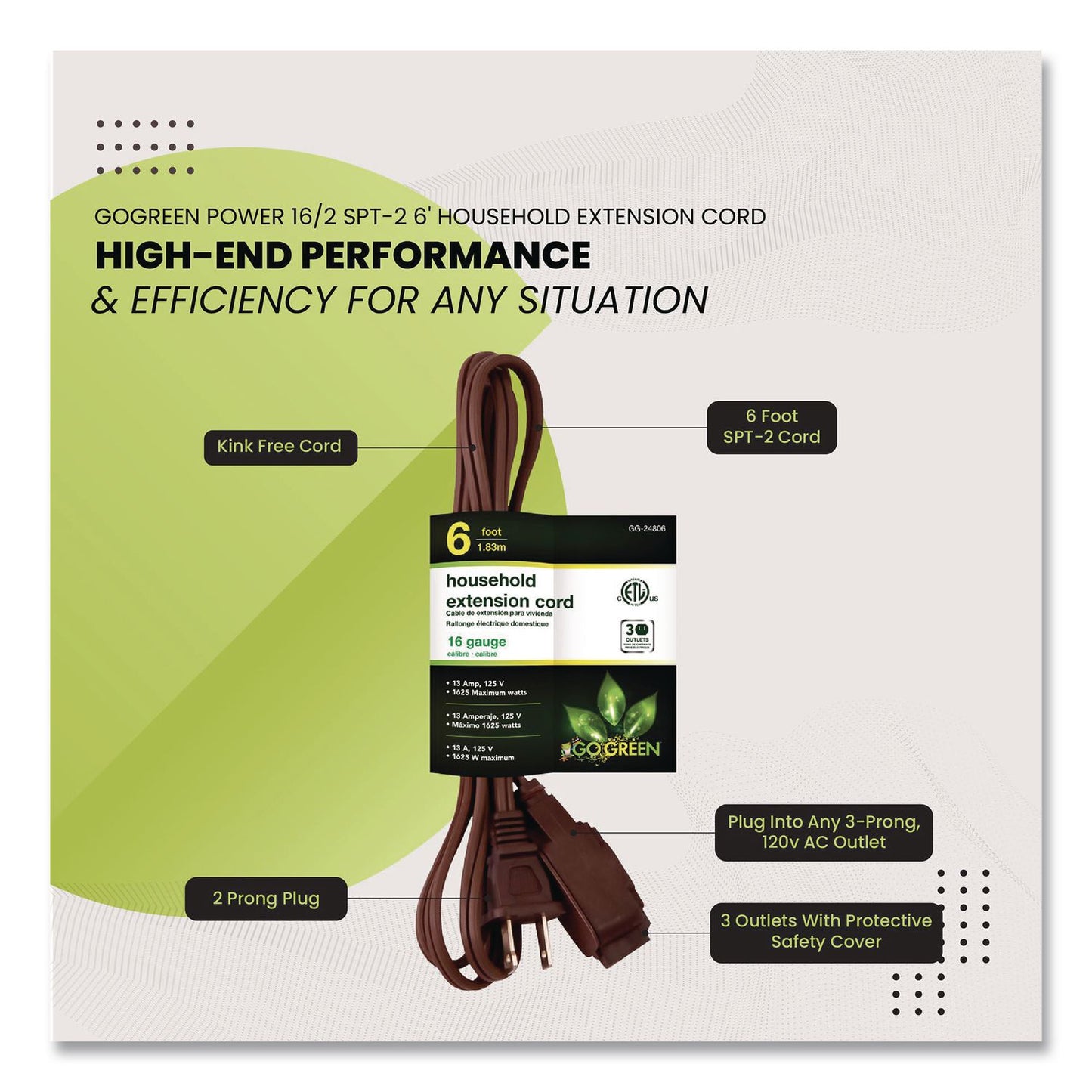 GoGreen Power Household Extension Cord, 6 ft, 13 A, Brown, 10/Pack (GGPGG2480610)