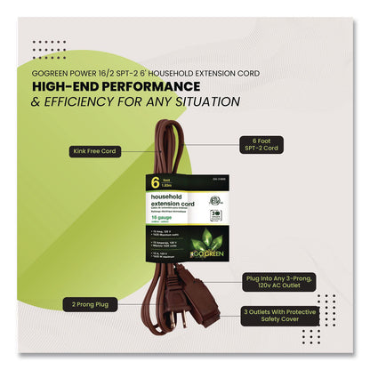 GoGreen Power Household Extension Cord, 6 ft, 13 A, Brown, 10/Pack (GGPGG2480610)