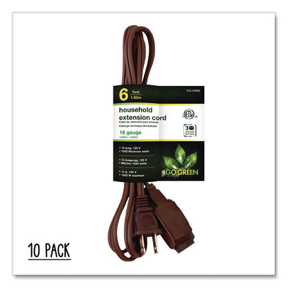 GoGreen Power Household Extension Cord, 6 ft, 13 A, Brown, 10/Pack (GGPGG2480610)