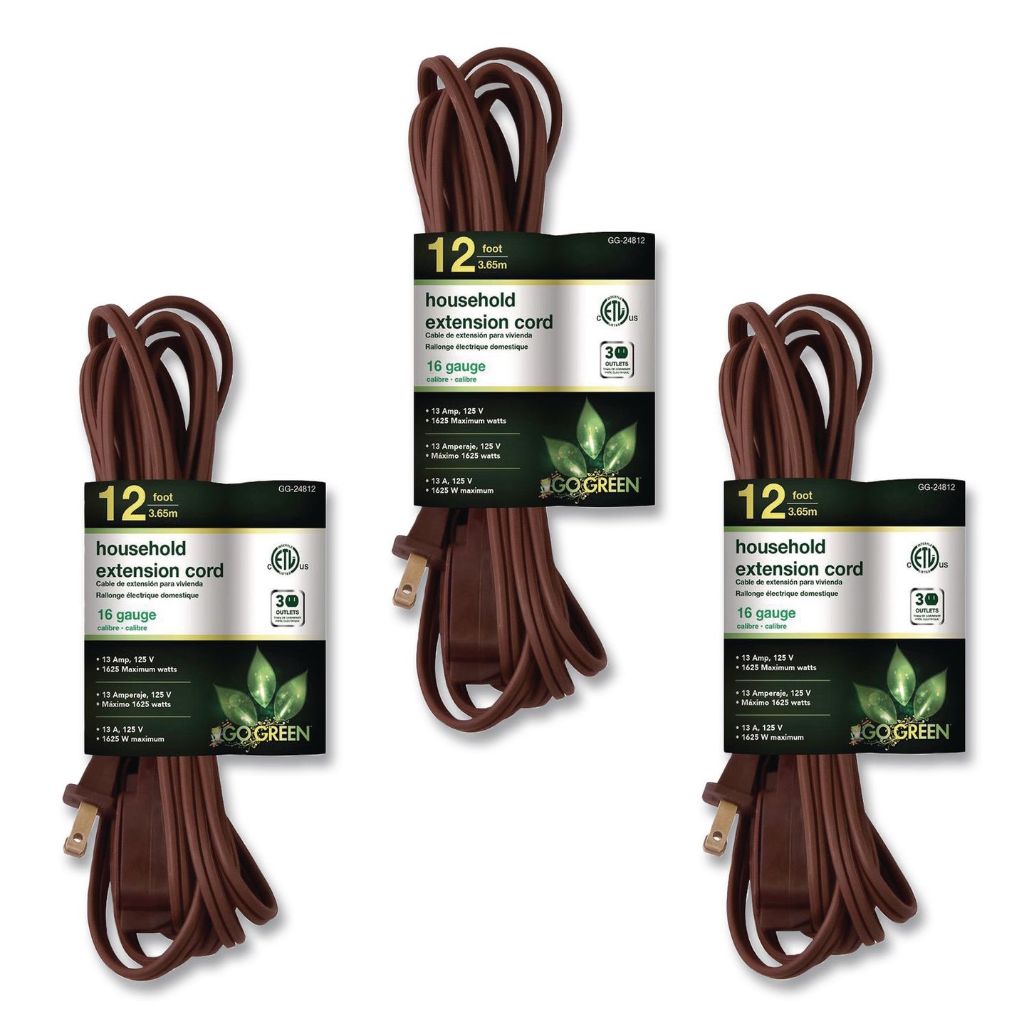 GoGreen Power Household Extension Cord, 12 ft, 13 A, Brown, 3/Pack (GGPGG248123)
