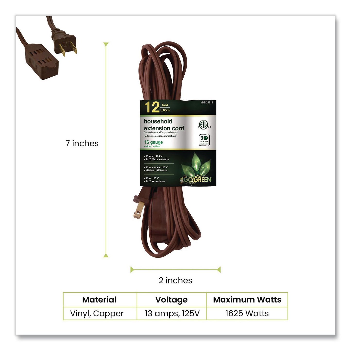 GoGreen Power Household Extension Cord, 12 ft, 13 A, Brown, 3/Pack (GGPGG248123)