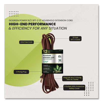 GoGreen Power Household Extension Cord, 12 ft, 13 A, Brown, 3/Pack (GGPGG248123)