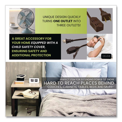 GoGreen Power Household Extension Cord, 12 ft, 13 A, Brown, 3/Pack (GGPGG248123)