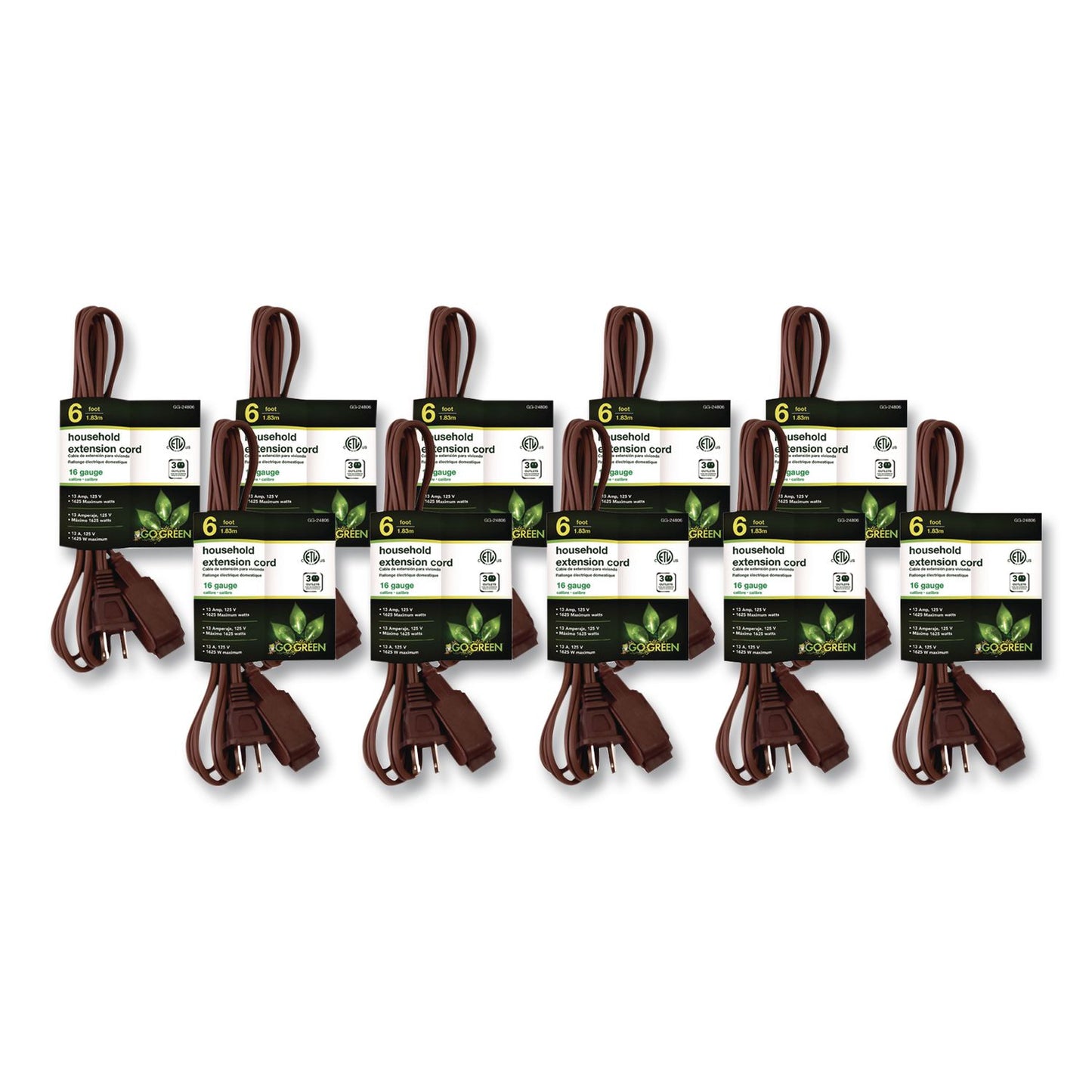 GoGreen Power Household Extension Cord, 6 ft, 13 A, Brown, 10/Pack (GGPGG2480610)