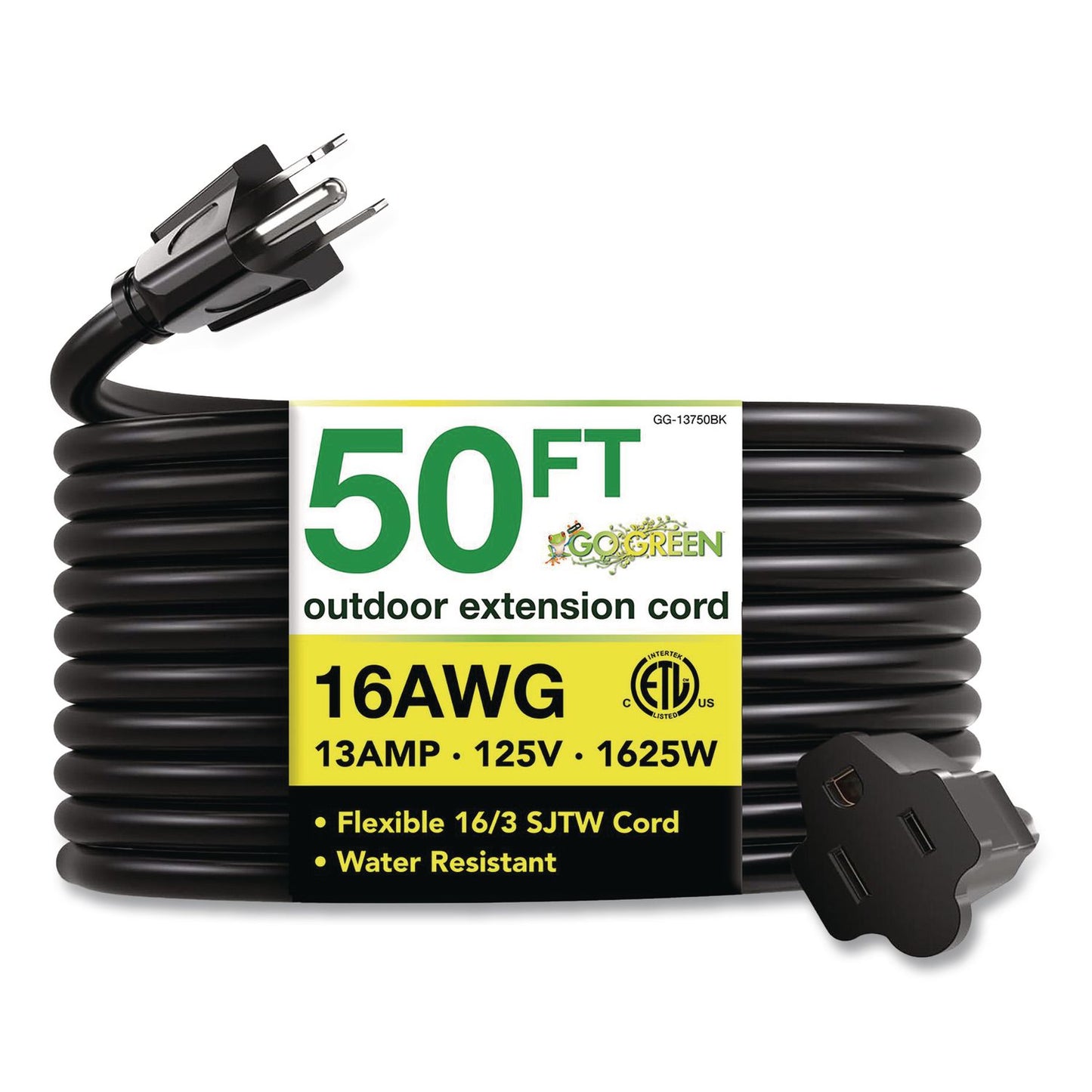 GoGreen Power 16 AWG Outdoor Extension Cord, 50 ft, 13 A, Black (GGPGG13750BK)
