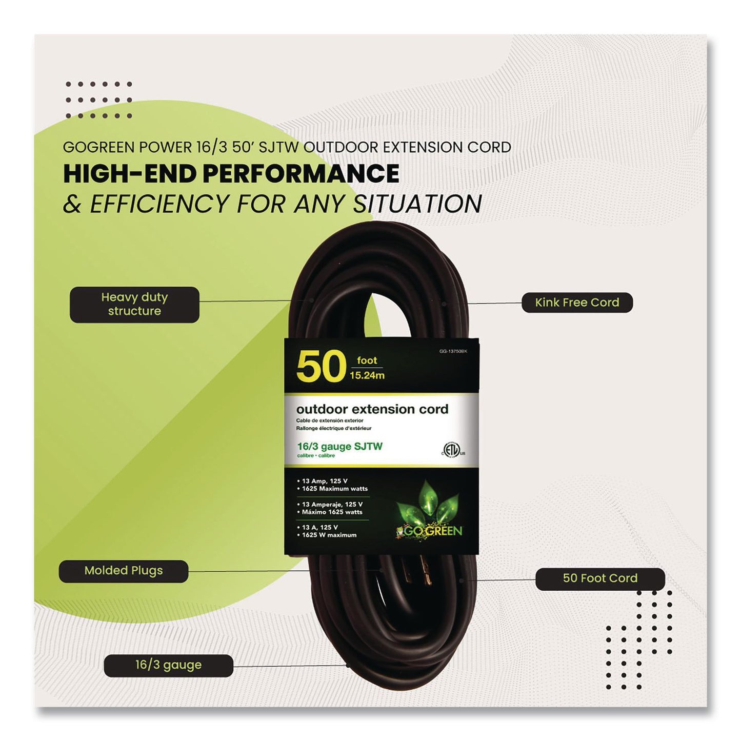 GoGreen Power 16 AWG Outdoor Extension Cord, 50 ft, 13 A, Black (GGPGG13750BK)