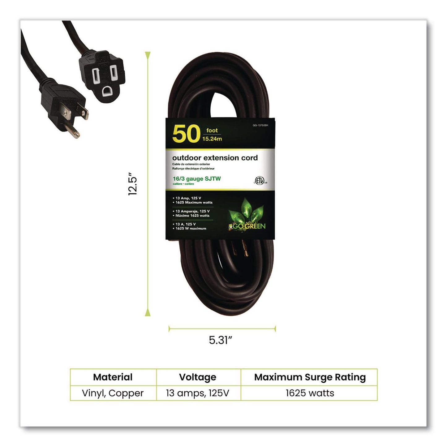 GoGreen Power 16 AWG Outdoor Extension Cord, 50 ft, 13 A, Black (GGPGG13750BK)