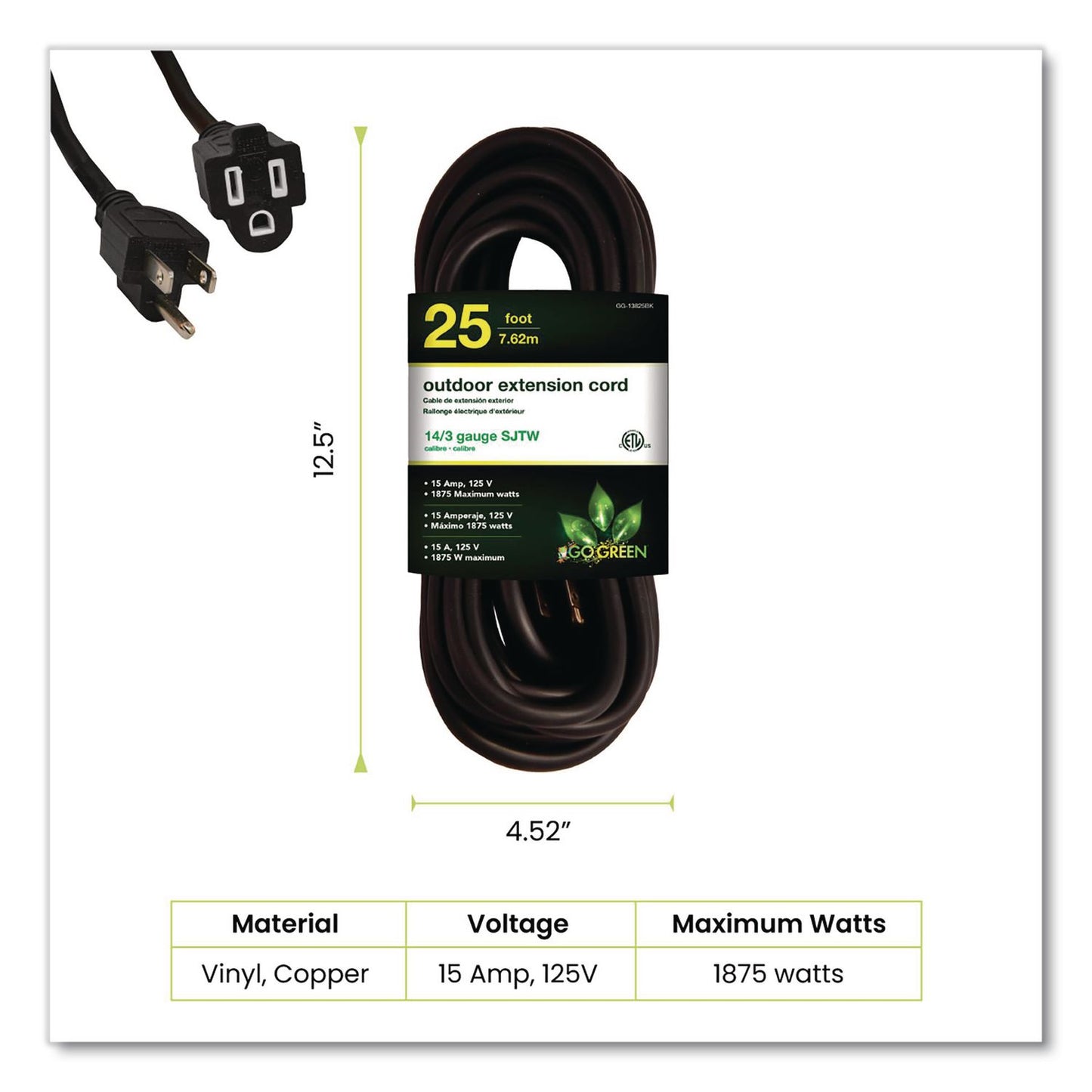GoGreen Power 14 AWG Outdoor Extension Cord, 25 ft, 15 A, Black (GGPGG13825BK)