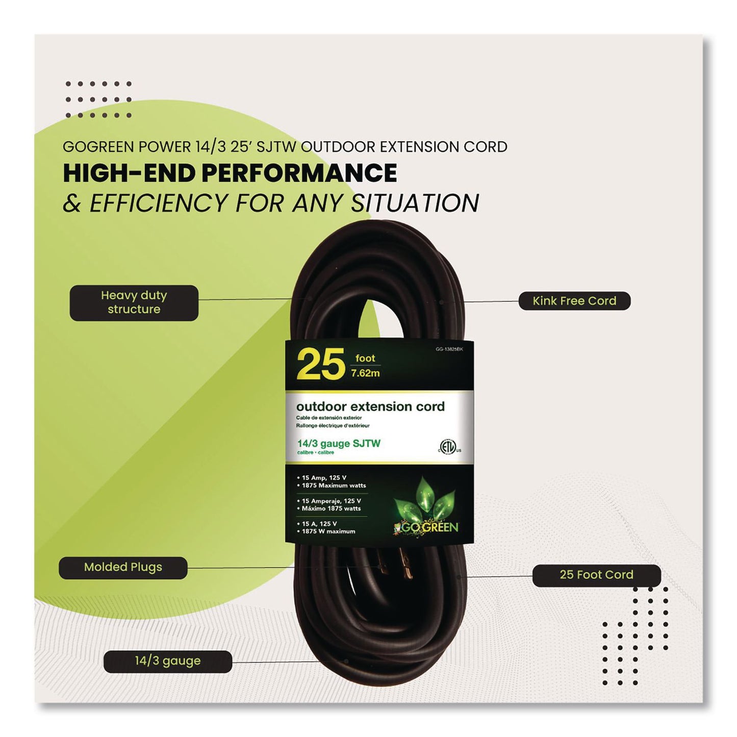 GoGreen Power 14 AWG Outdoor Extension Cord, 25 ft, 15 A, Black (GGPGG13825BK)