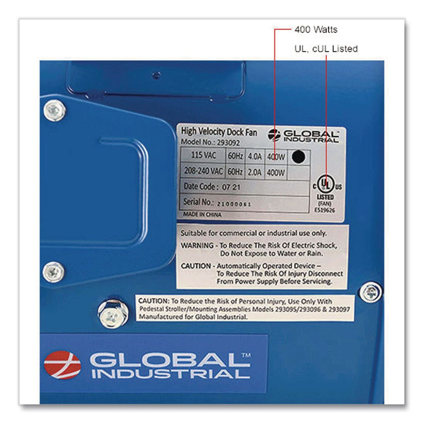 Global Industrial® High Velocity Drum Fan with Yoke Mount, 14", 1 Speed, Blue (GBE293092)