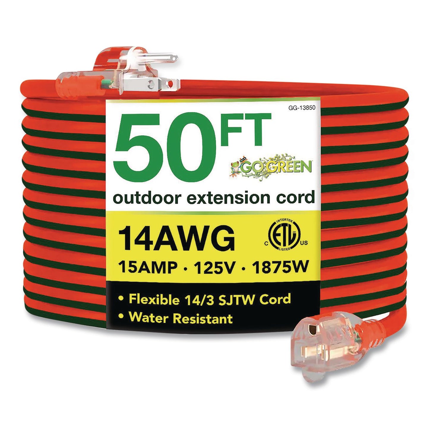 GoGreen Power 14 AWG Outdoor Extensioin Cord, 50 ft, 15 A, Orange (GGPGG13850)