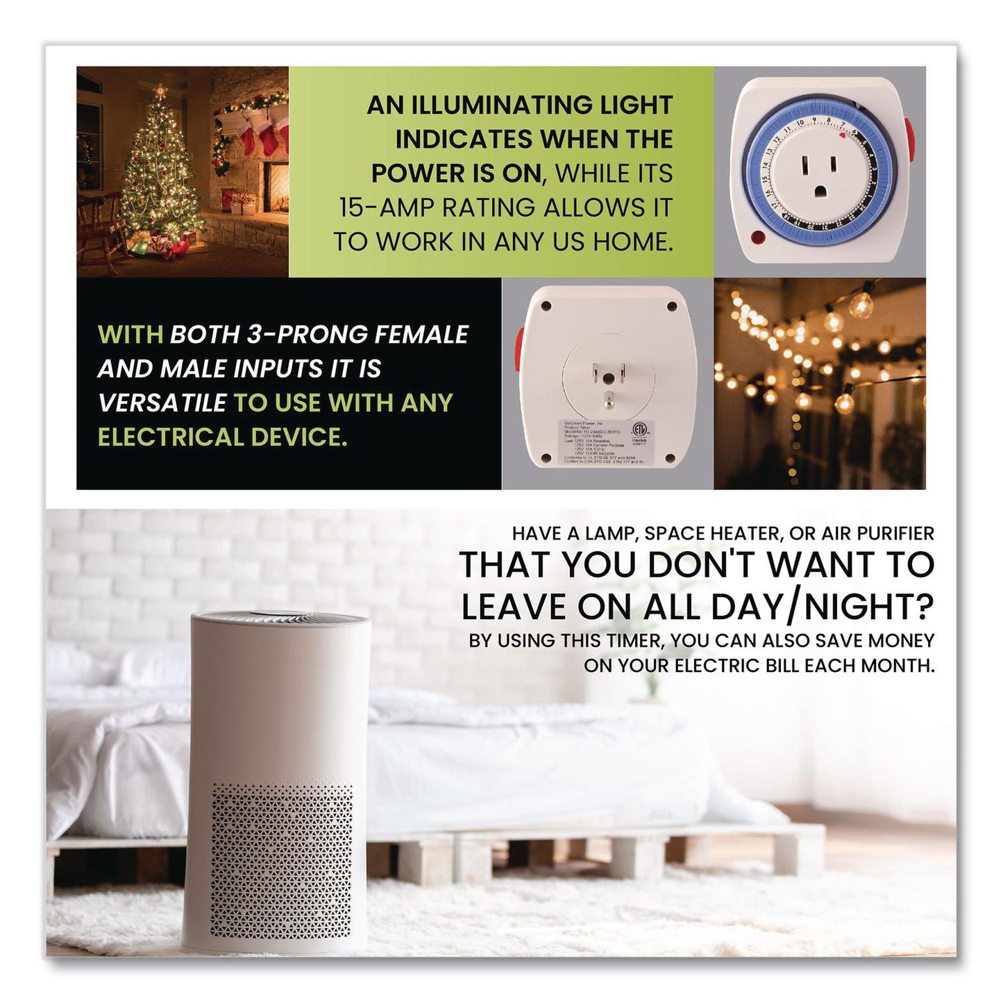 GoGreen Power AC Indoor Timer, Analog, 4 x 3, White (GGPGG36011)