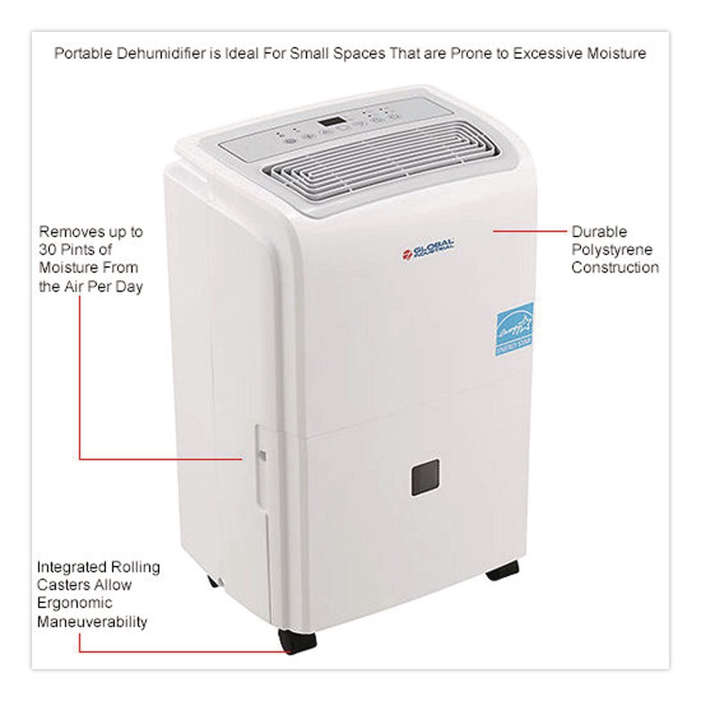 Global Industrial® Portable Dehumidifier, 9.62 x 9.62 x 19.68, White (GBE246731)