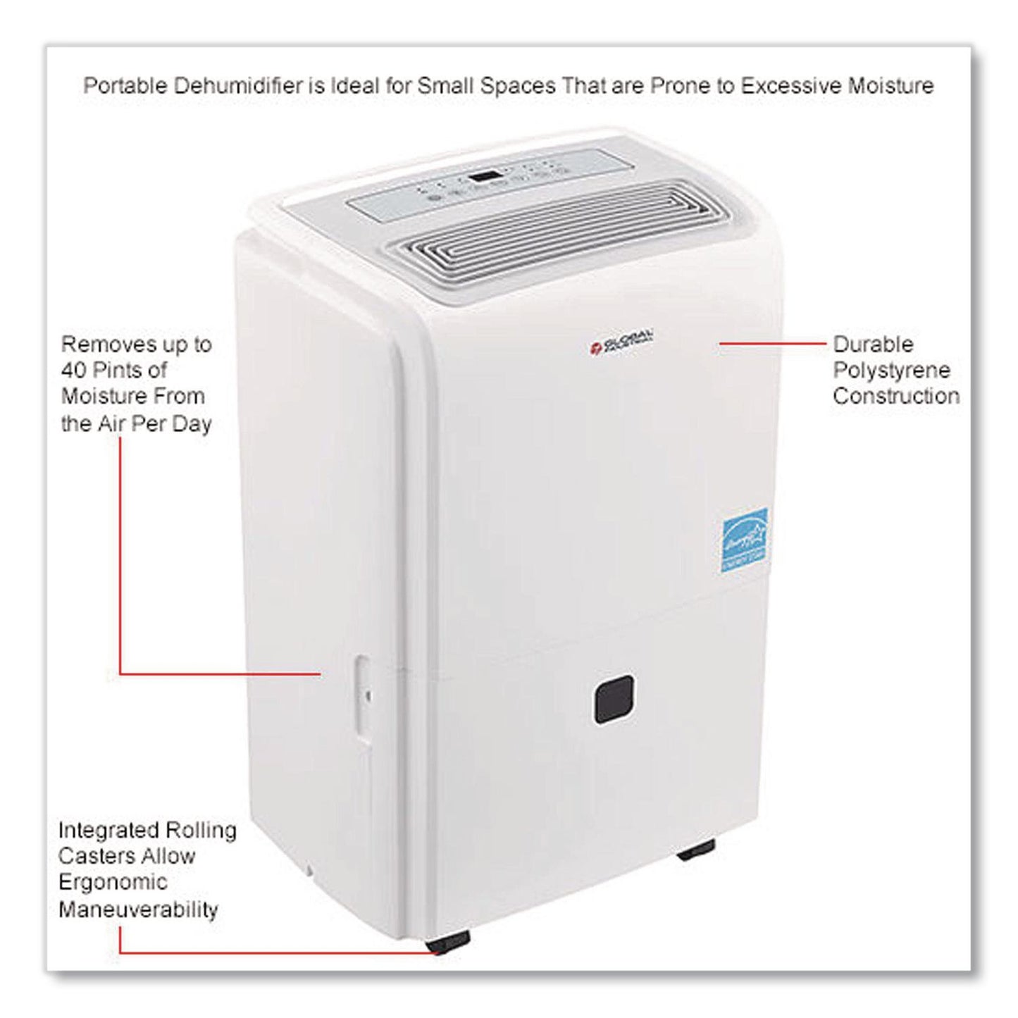 Global Industrial® Portable Dehumidifier with Pump and Wi-Fi, 9.62 x 11.62 x 19.87, White (GBE246733)