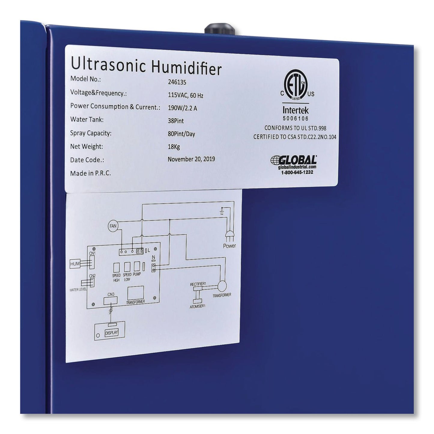 Global Industrial® Ultrasonic Humidifier, 38 pt Tank Capacity, 150 pt Output, 13.75 x 23.62 x 18.25, Blue (GBE246136)