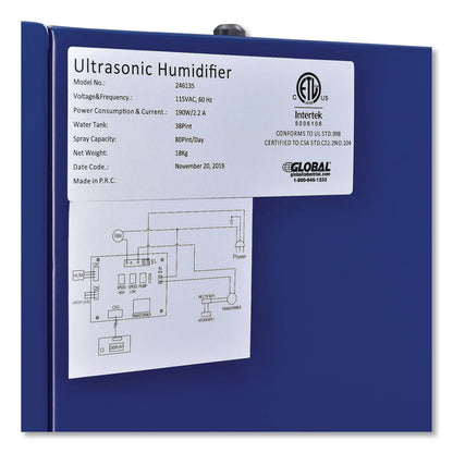 Global Industrial® Ultrasonic Humidifier, 38 pt Tank Capacity, 150 pt Output, 13.75 x 23.62 x 18.25, Blue (GBE246136)