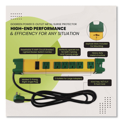 GoGreen Power 6 Outlet Metal Surge Protector, 6 ft Cord, 250 J, Yellow (GGPGG26114)