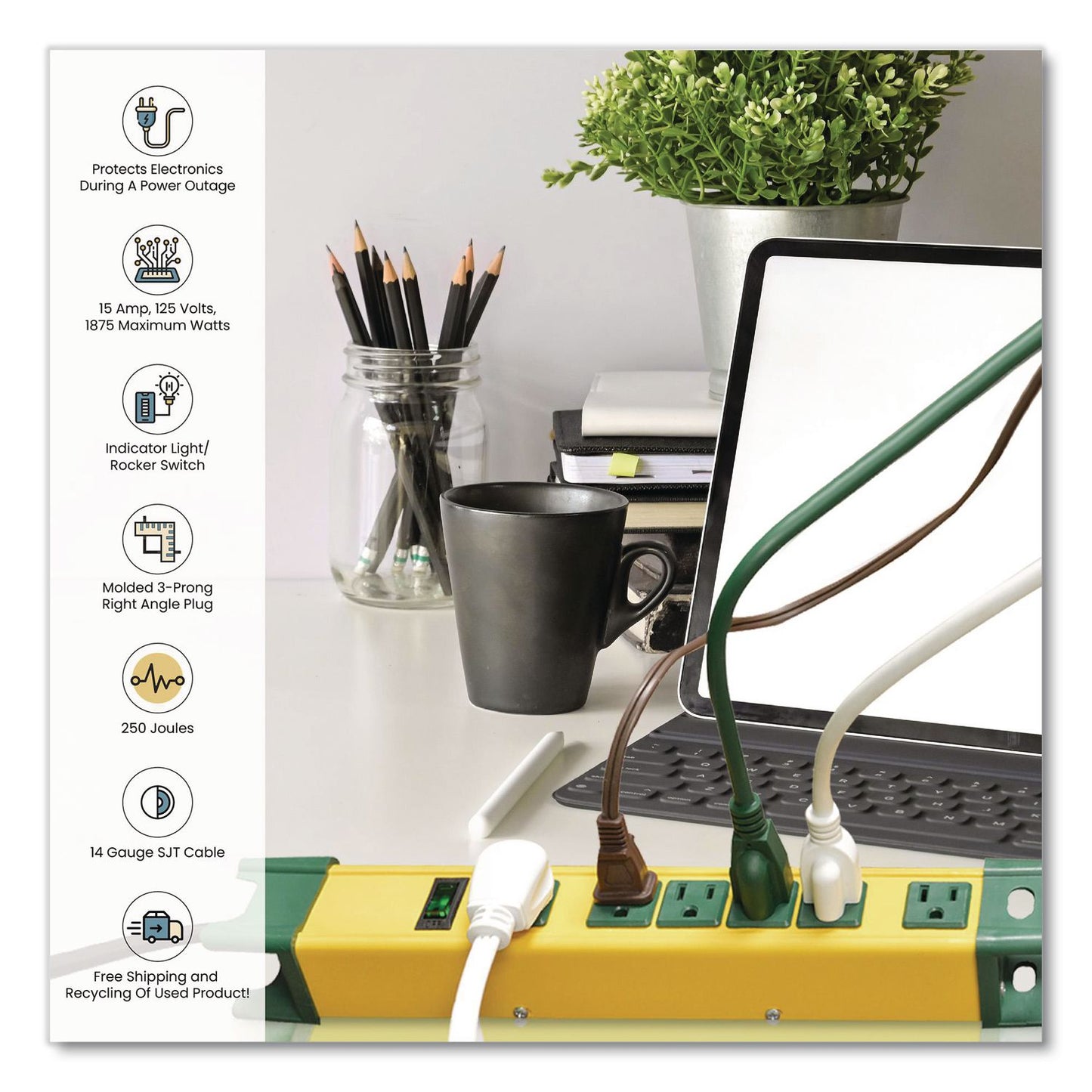 GoGreen Power 6 Outlet Metal Surge Protector, 6 ft Cord, 250 J, Yellow (GGPGG26114)