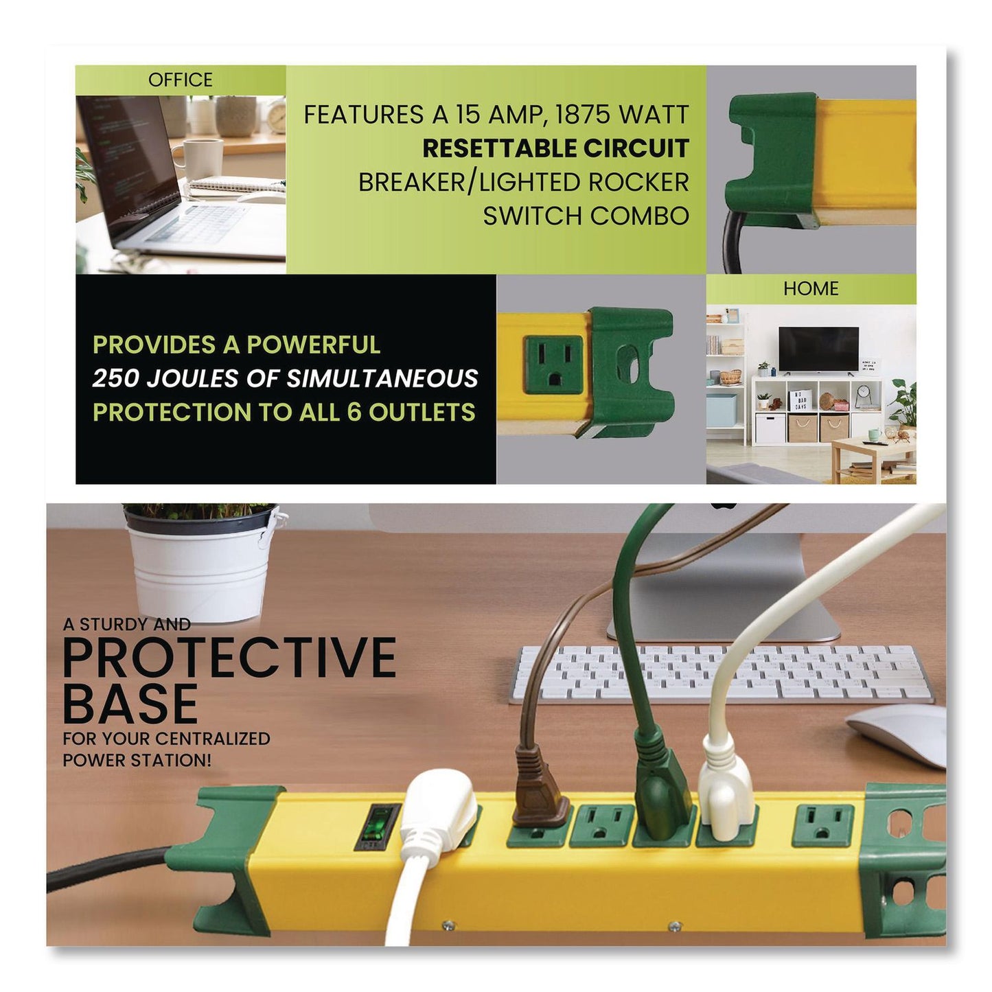 GoGreen Power 6 Outlet Metal Surge Protector, 6 ft Cord, 250 J, Yellow (GGPGG26114)