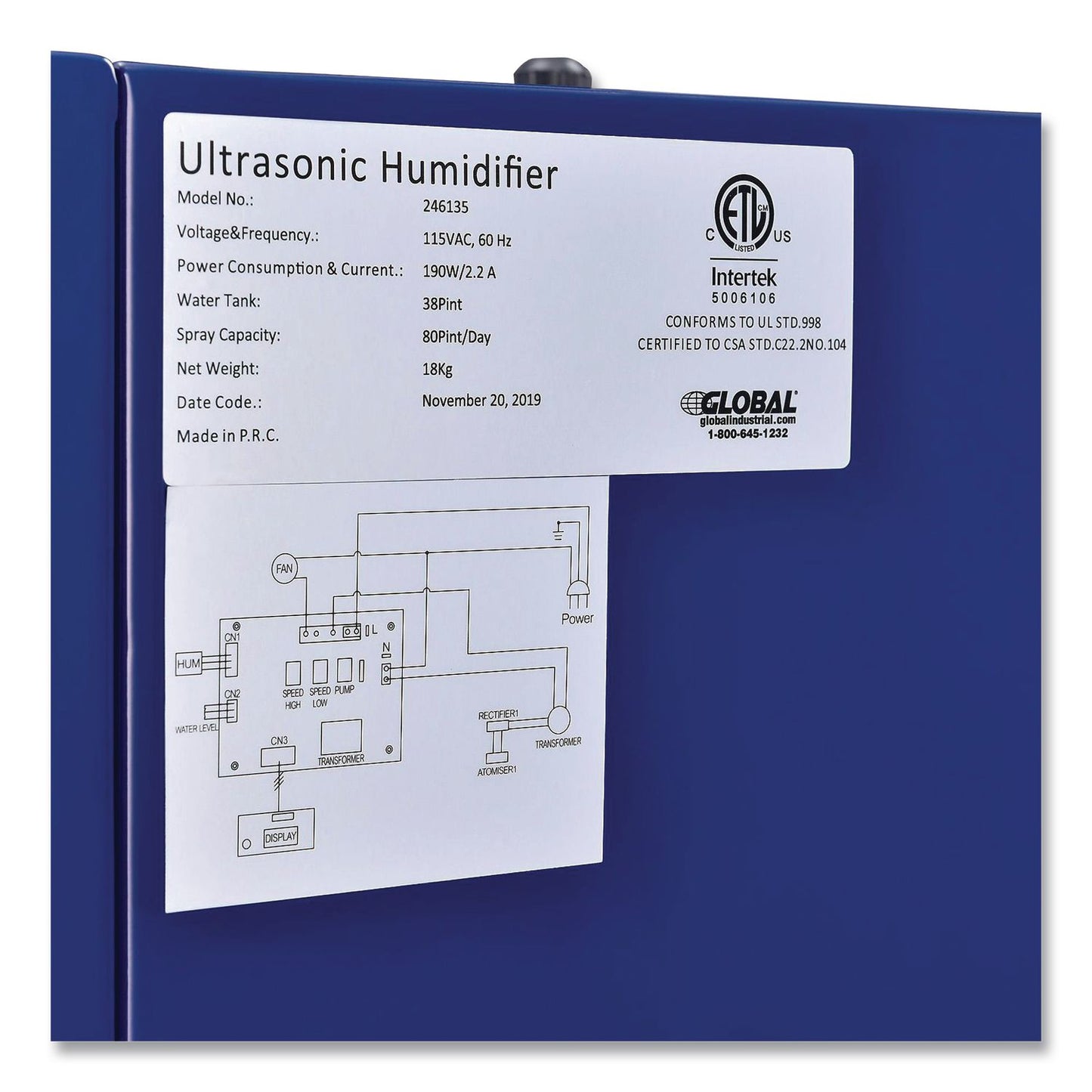 Global Industrial® Ultrasonic Humidifier, 38 pt Tank Capacity, 300 pt Output, 13.75 x 23.62 x 18.25, Blue (GBE246137)