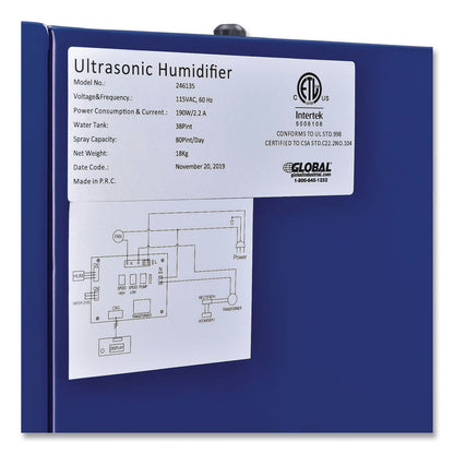 Global Industrial® Ultrasonic Humidifier, 38 pt Tank Capacity, 300 pt Output, 13.75 x 23.62 x 18.25, Blue (GBE246137)