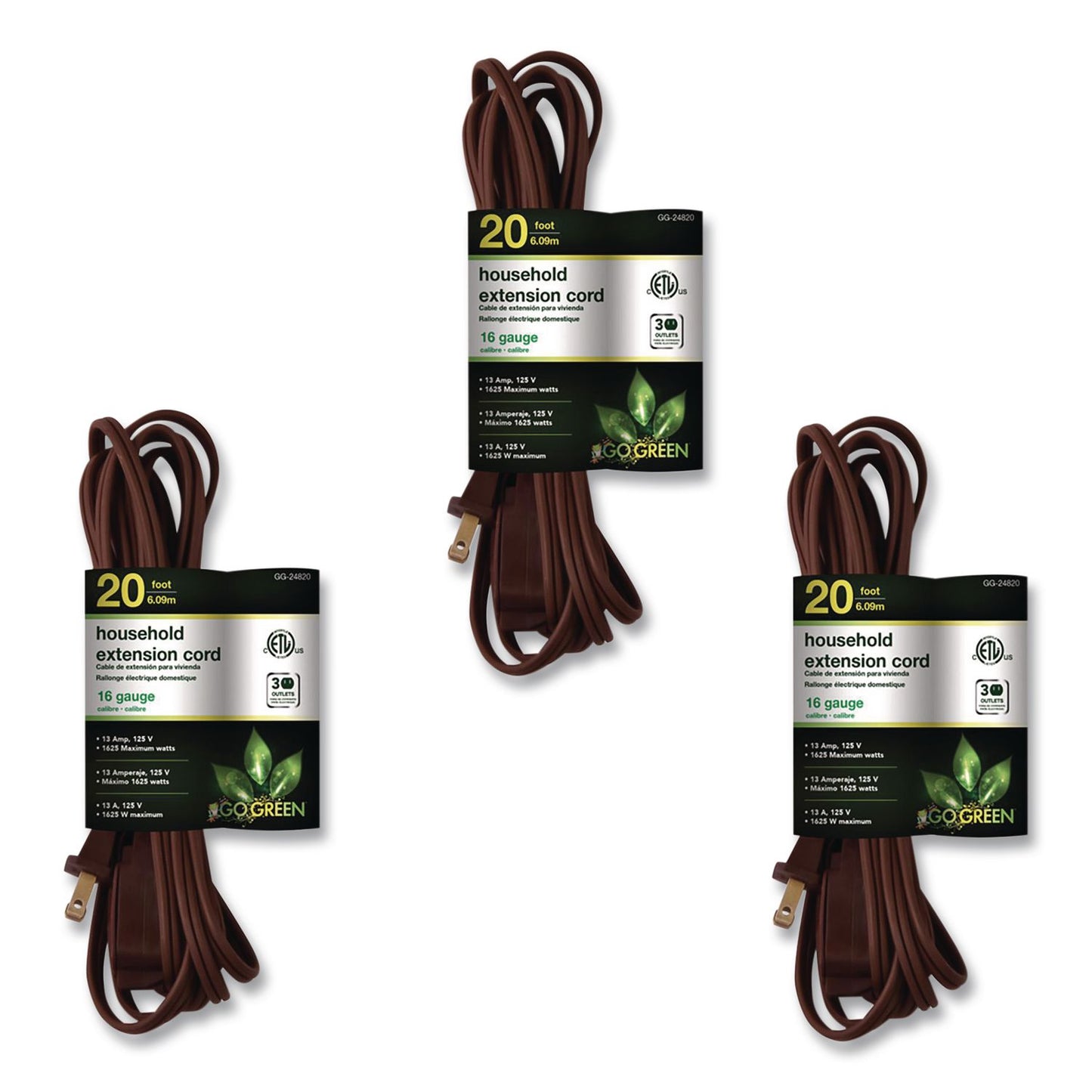 GoGreen Power Household Extension Cord, 20 ft, 13 A, Brown, 3/Pack (GGPGG248203)