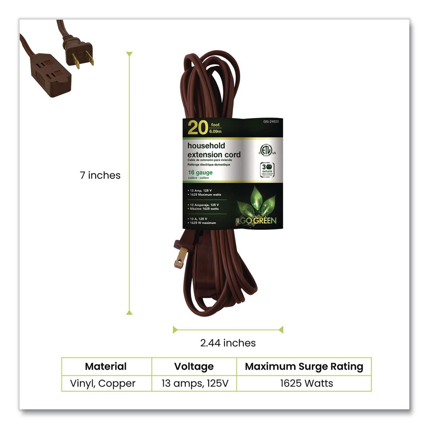 GoGreen Power Household Extension Cord, 20 ft, 13 A, Brown, 3/Pack (GGPGG248203)