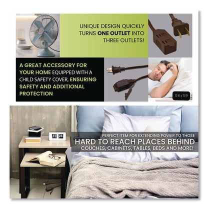 GoGreen Power Household Extension Cord, 20 ft, 13 A, Brown, 3/Pack (GGPGG248203)