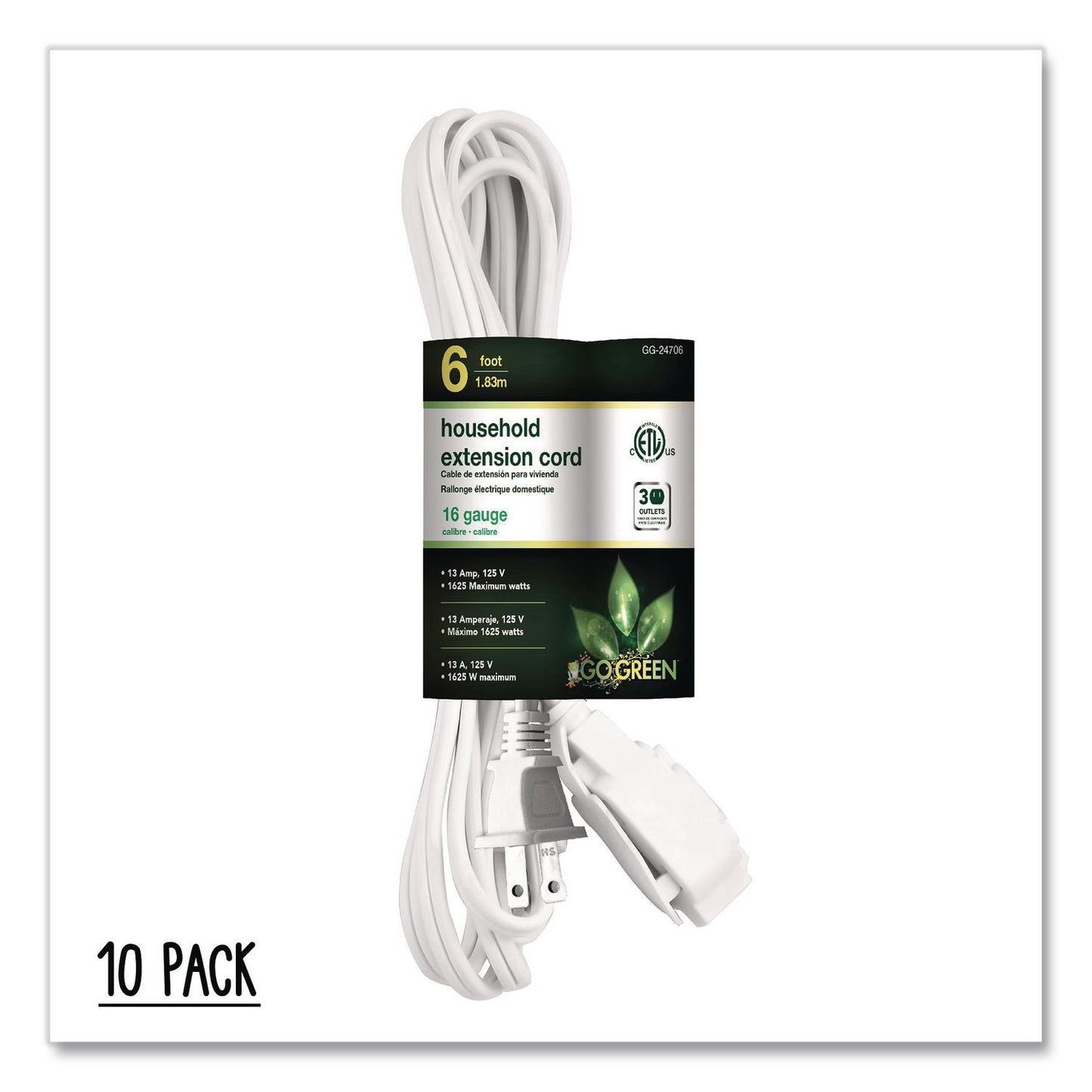 GoGreen Power Household Extension Cord, 6 ft, 13 A, White 10/Pack (GGPGG2470610)