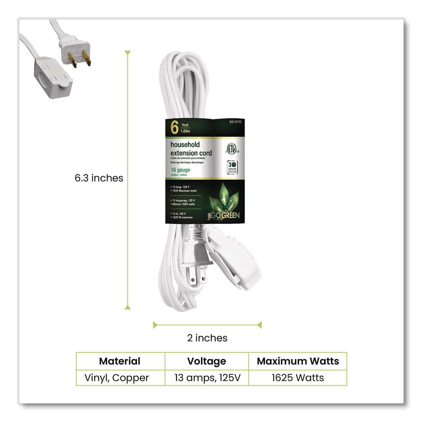 GoGreen Power Household Extension Cord, 6 ft, 13 A, White 10/Pack (GGPGG2470610)