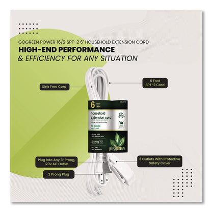 GoGreen Power Household Extension Cord, 6 ft, 13 A, White 10/Pack (GGPGG2470610)