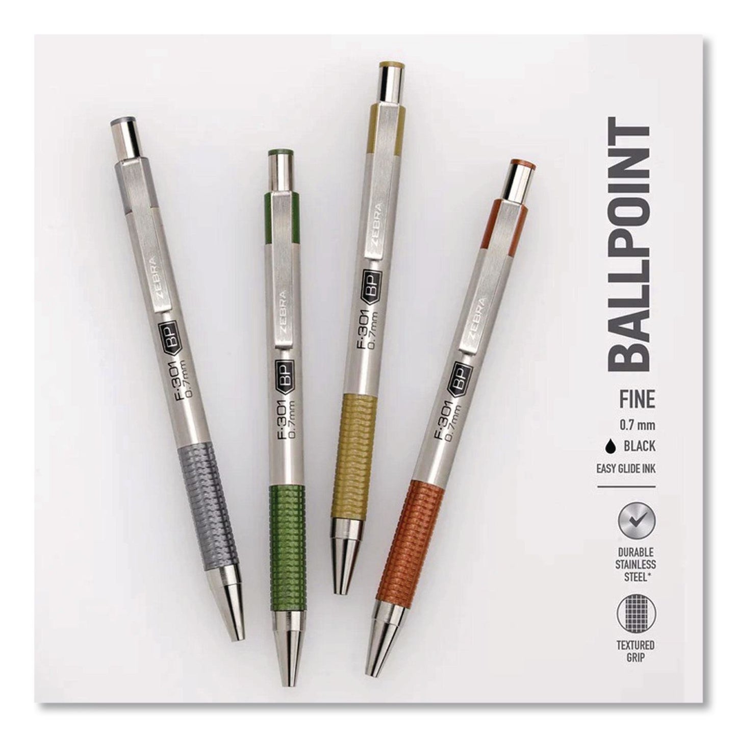 Zebra® F-301 Signature Series Earthy Tones Ballpoint Pen, Retractable, Fine 0.7 mm, Black Ink, Pewter Barrel, 4/Pack (ZEB27214)