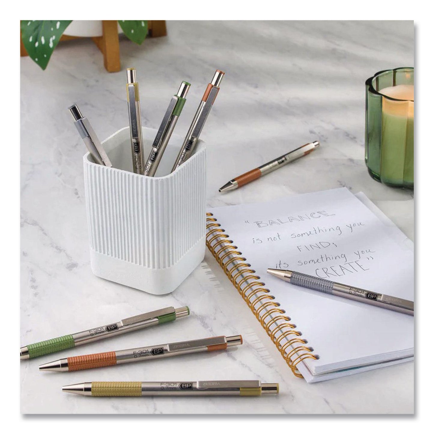 Zebra® F-301 Signature Series Earthy Tones Ballpoint Pen, Retractable, Fine 0.7 mm, Black Ink, Pewter Barrel, 4/Pack (ZEB27214)