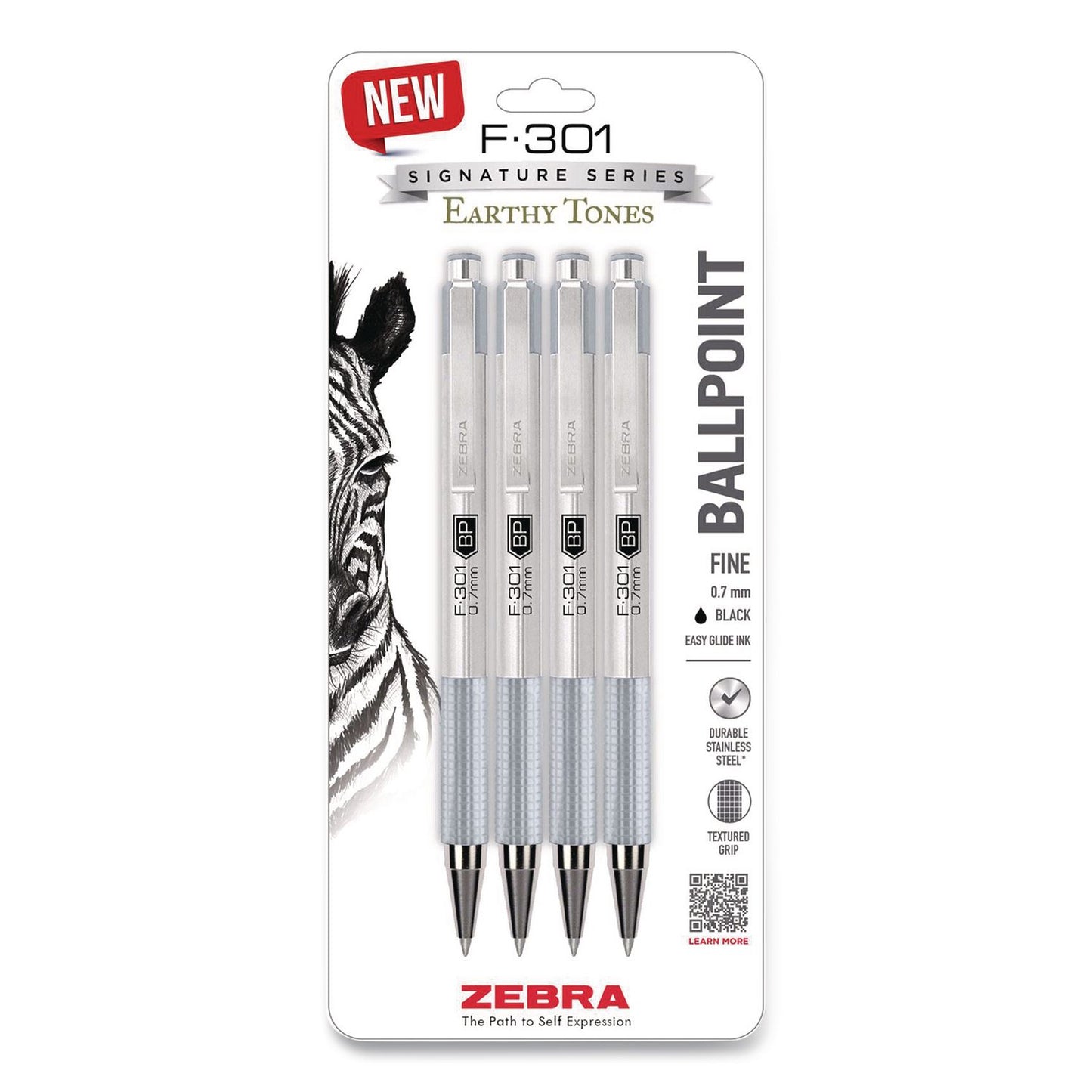 Zebra® F-301 Signature Series Earthy Tones Ballpoint Pen, Retractable, Fine 0.7 mm, Black Ink, Pewter Barrel, 4/Pack (ZEB27214)
