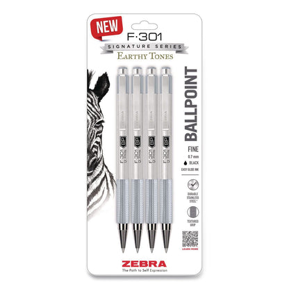 Zebra® F-301 Signature Series Earthy Tones Ballpoint Pen, Retractable, Fine 0.7 mm, Black Ink, Pewter Barrel, 4/Pack (ZEB27214)