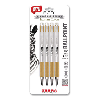 Zebra® F-301 Signature Series Earthy Tones Ballpoint Pen, Retractable, Fine 0.7 mm, Black Ink, Sandstone Barrel, 4/Pack (ZEB27254)