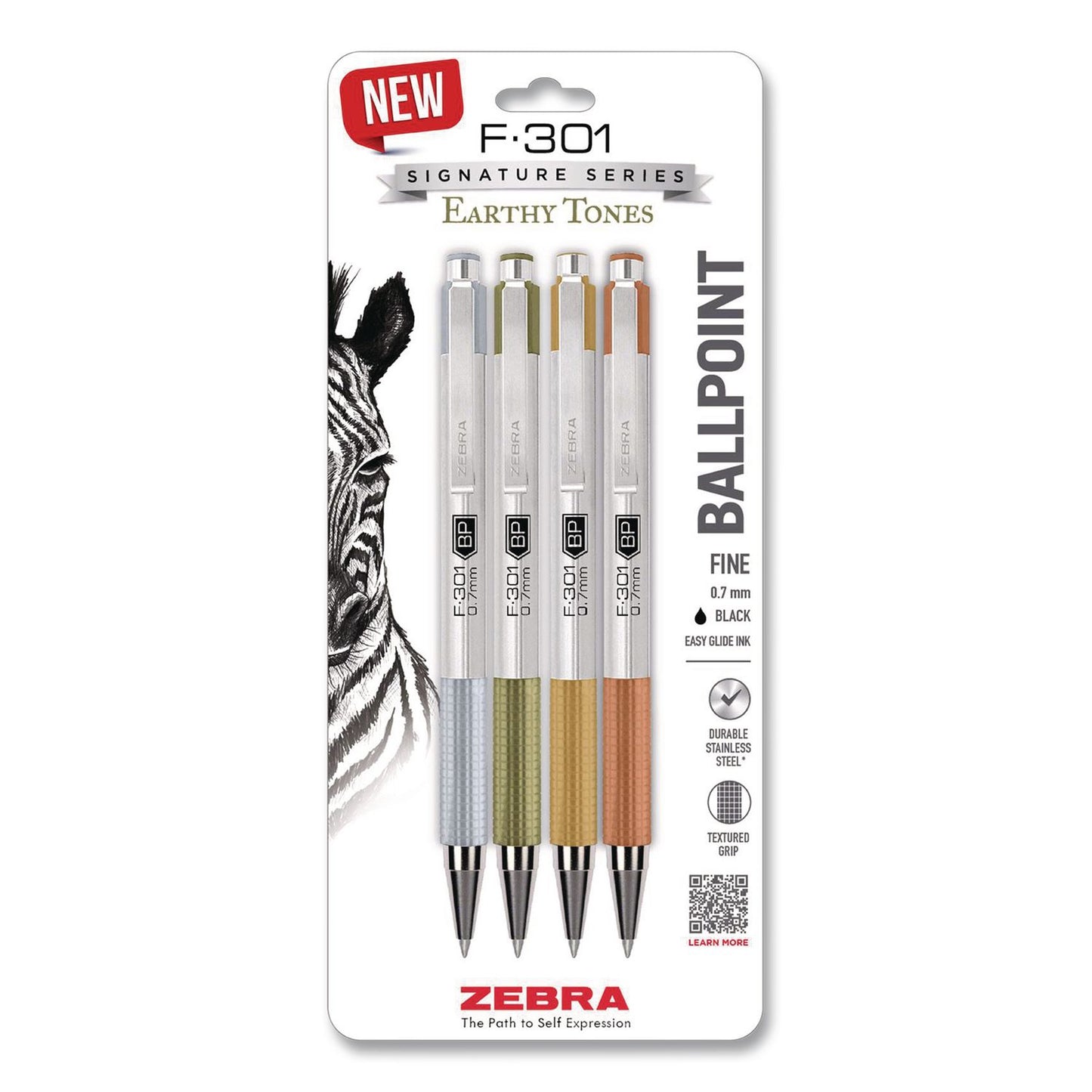 Zebra® F-301 Signature Series Earthy Tones Ballpoint Pen, Retractable, Fine 0.7 mm, Black Ink, Assorted Earthy Tones Barrel, 4/Pack (ZEB27304)