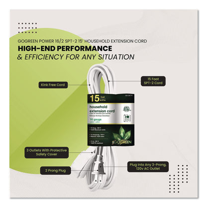 GoGreen Power Household Extension Cord, 15 ft, 13 A, White, 3/Pack (GGPGG247153)