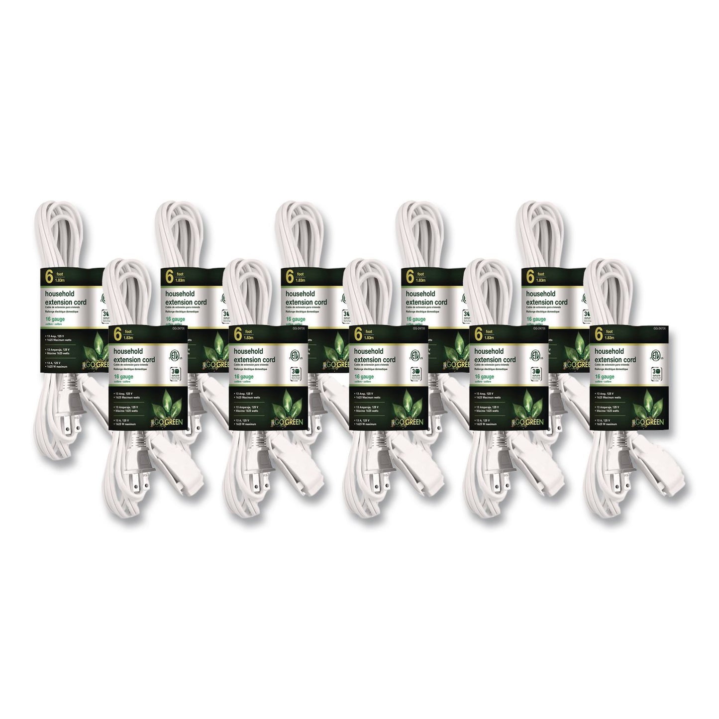 GoGreen Power Household Extension Cord, 6 ft, 13 A, White 10/Pack (GGPGG2470610)